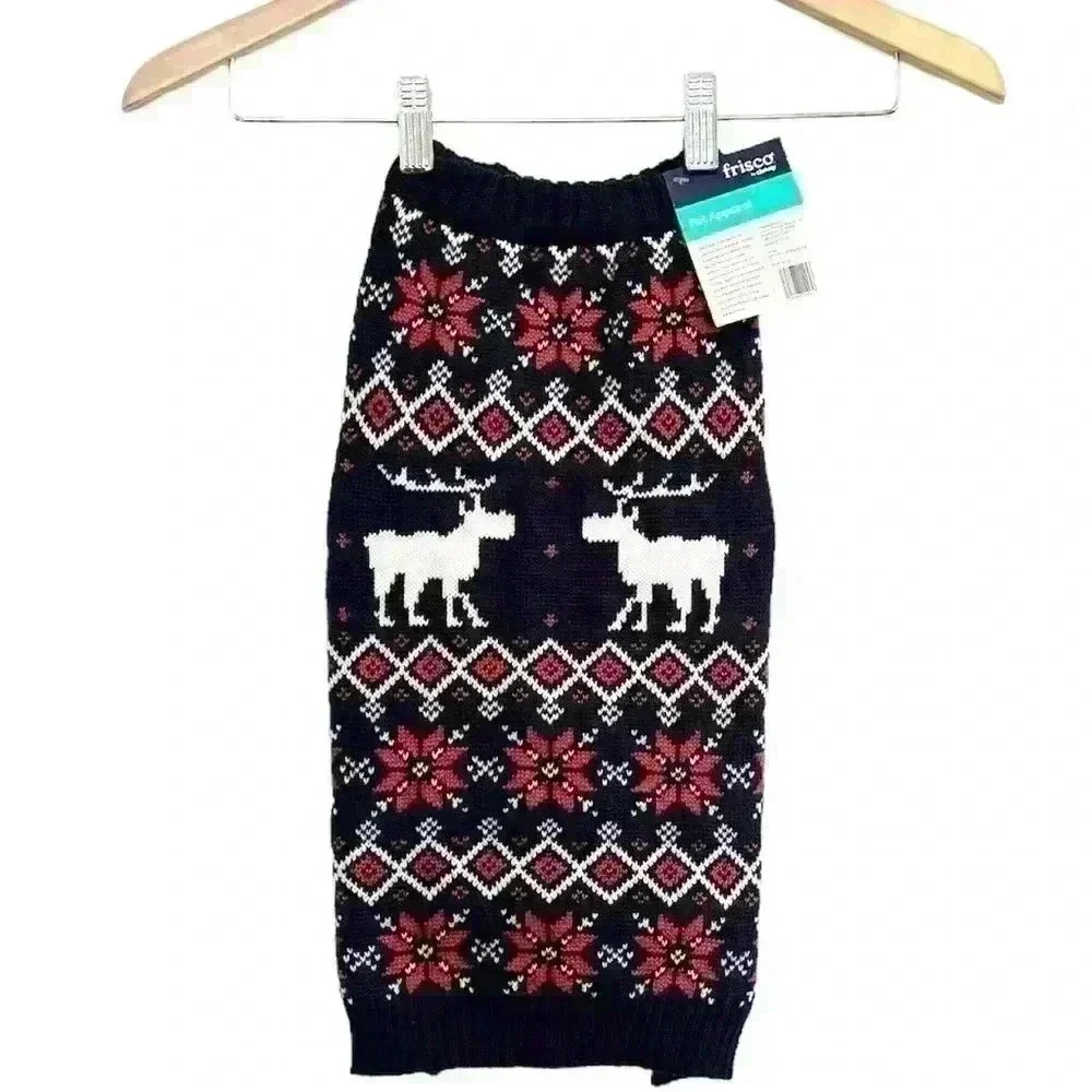 🌈 6/$60 New Frisco By Chewy Fair Isle Sweater Moose Poinsettia Navy Blue Large